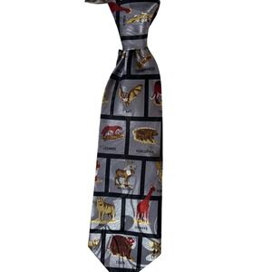Fratello Mens Hand Made Animal Grid Novelty Tie Silver Grey Silk Like Polyester